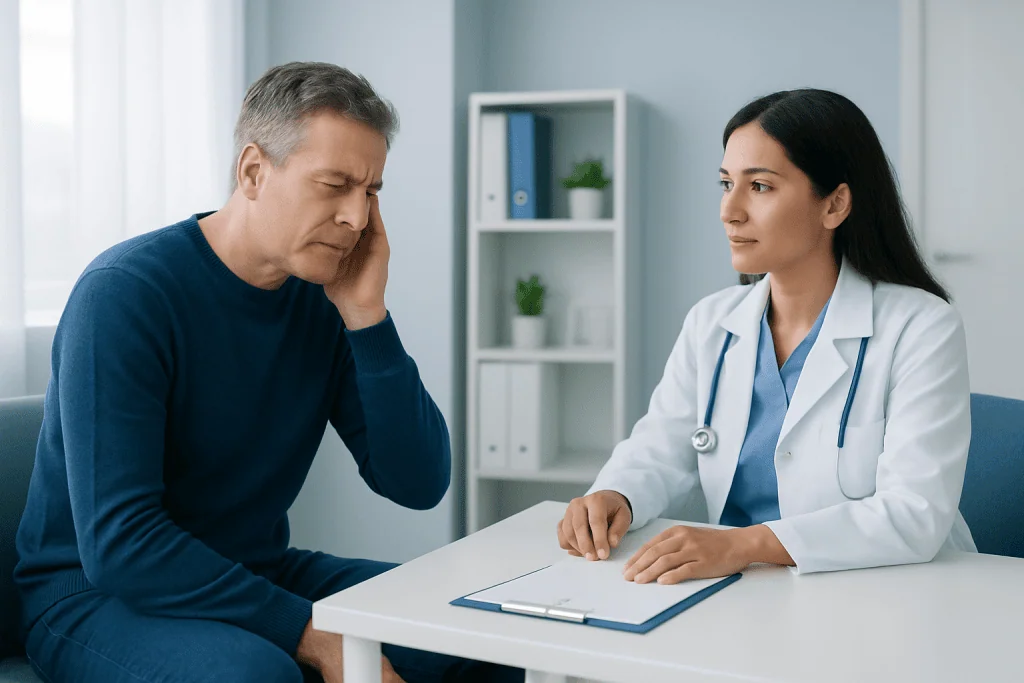 Doctor consulting with a patient about ear health and tinnitus symptoms.