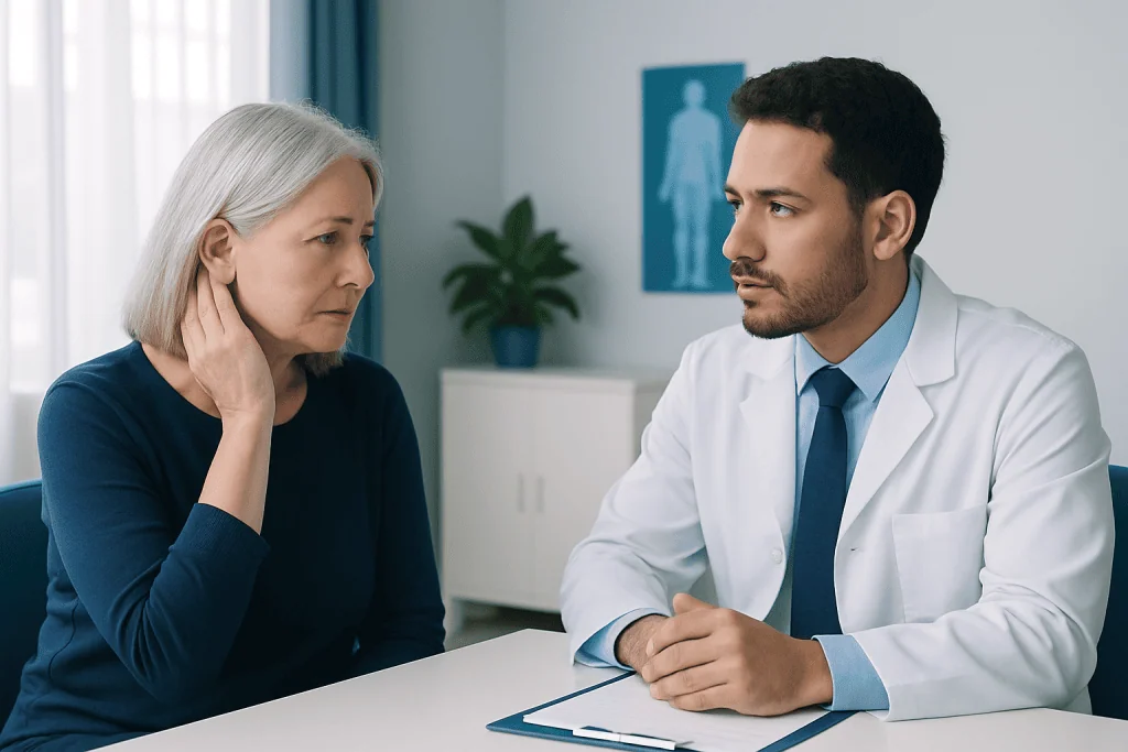 Doctor consulting with an older woman about ear health in a clinic setting.