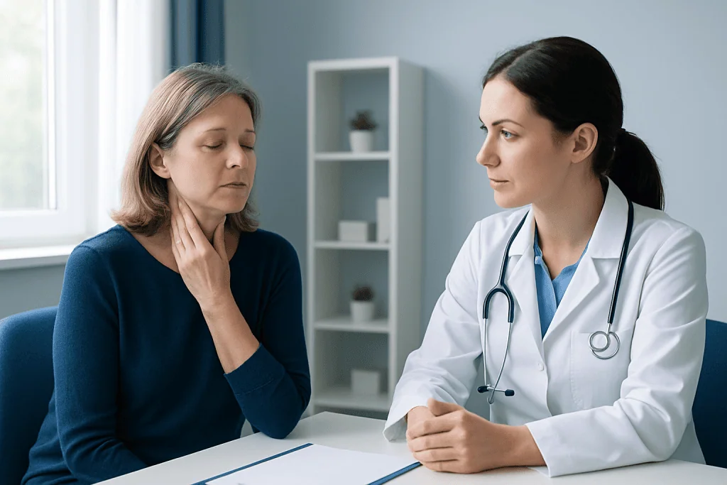 Doctor consulting with a patient about hypothyroidism symptoms.