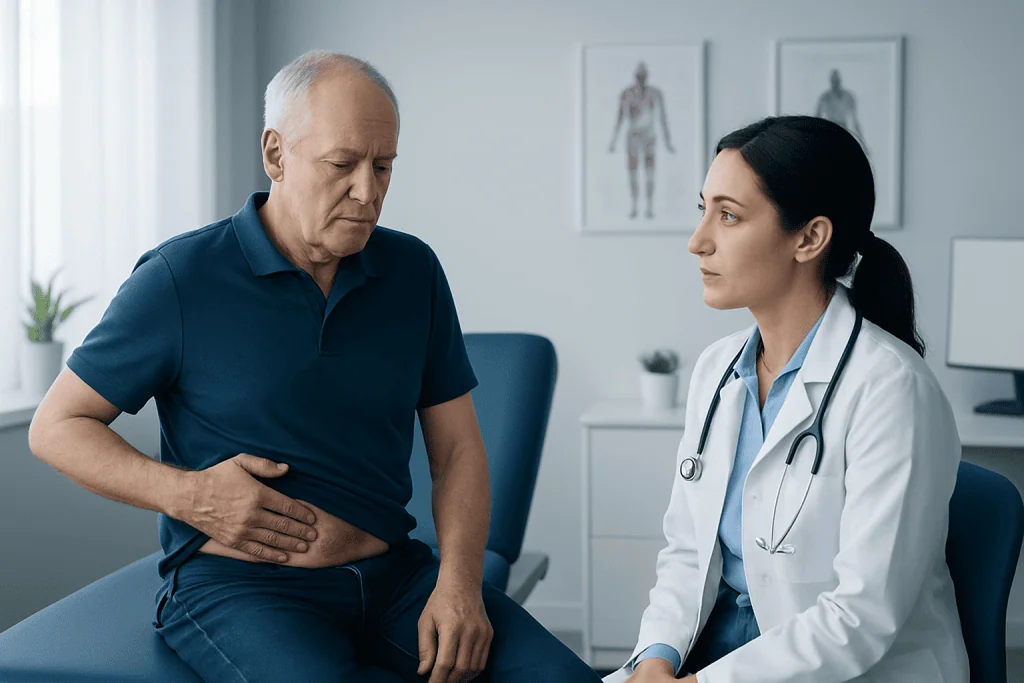Doctor consulting with an elderly male patient about shingles symptoms.