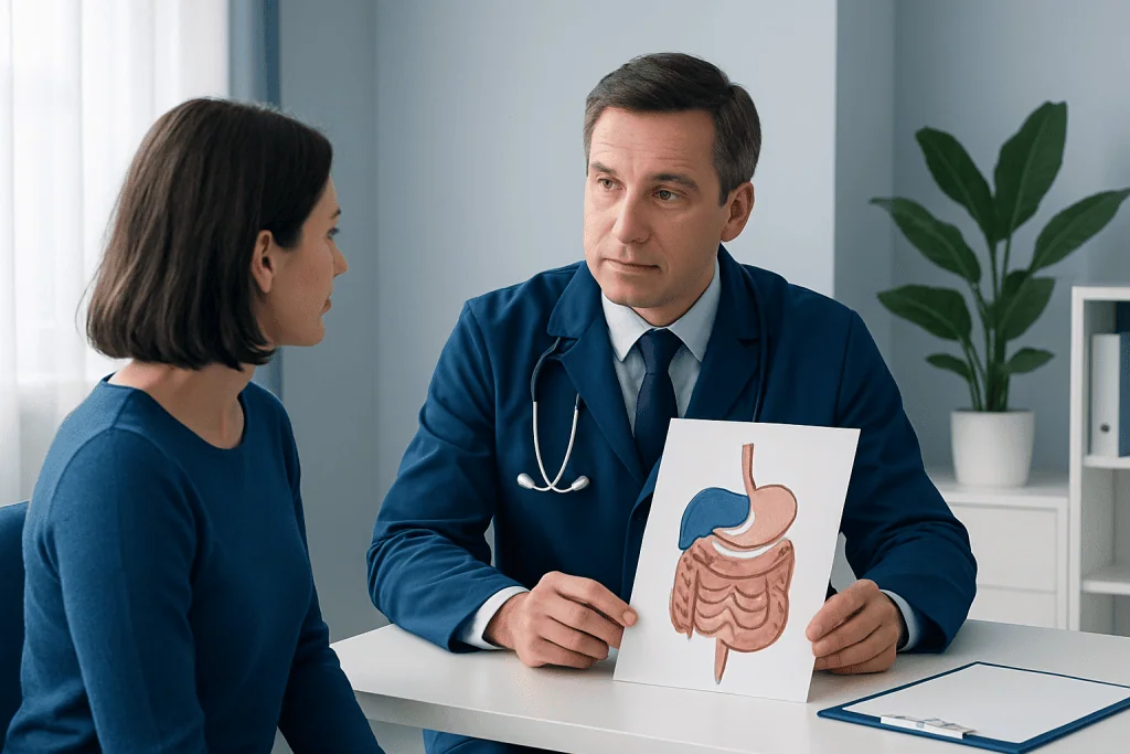 Doctor explaining digestive system to a patient with a diagram of the stomach and intestines.