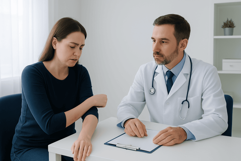Doctor examining patient's skin for eczema symptoms in a clinic setting.