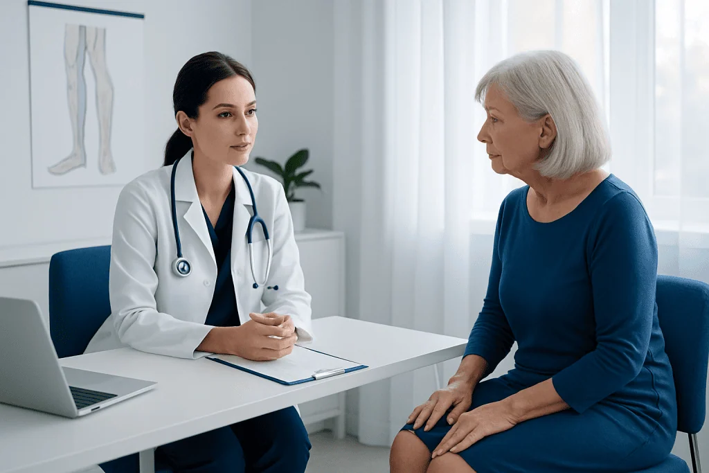 Doctor consulting with an elderly patient about leg health and venous issues.