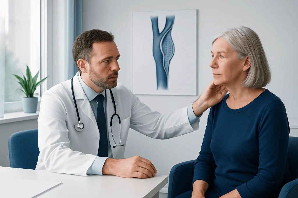 Doctor examining an elderly woman for carotid artery health at Acibadem Hospital.