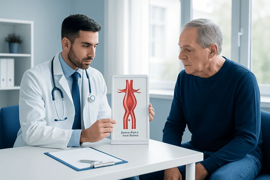 Doctor explaining abdominal aortic aneurysm to patient with model.