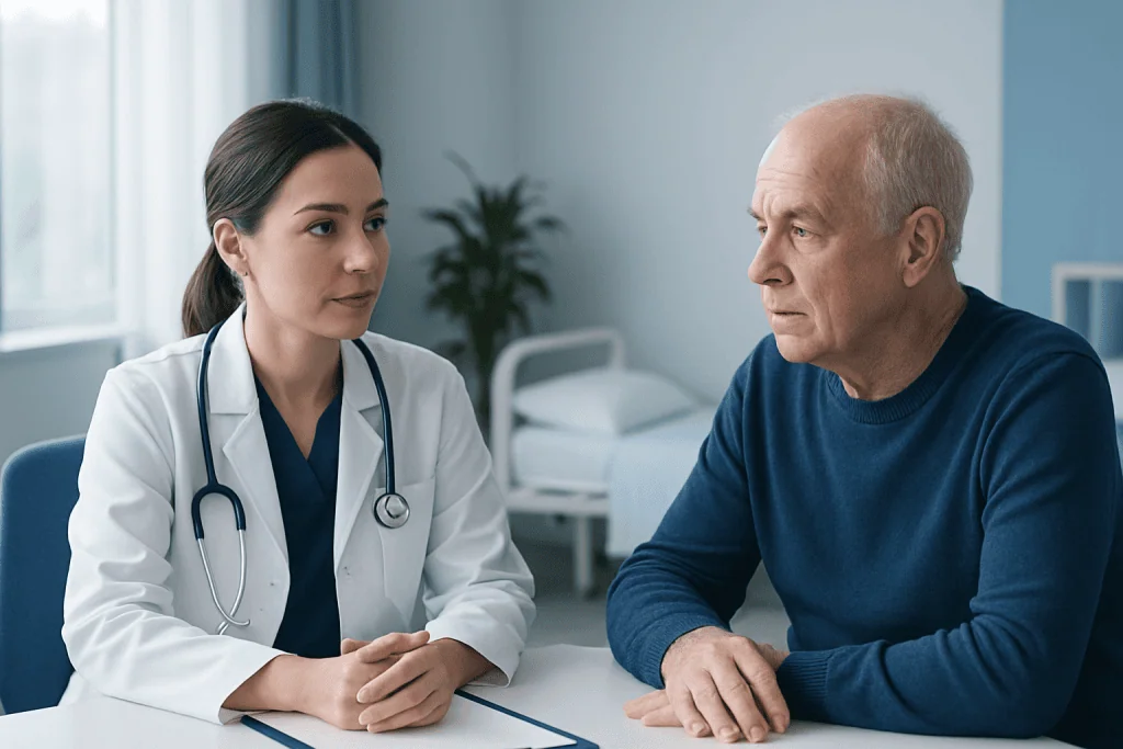 Doctor consulting with an elderly male patient in a hospital room.