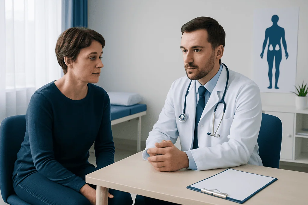 Doctor consulting with a female patient in a medical office.