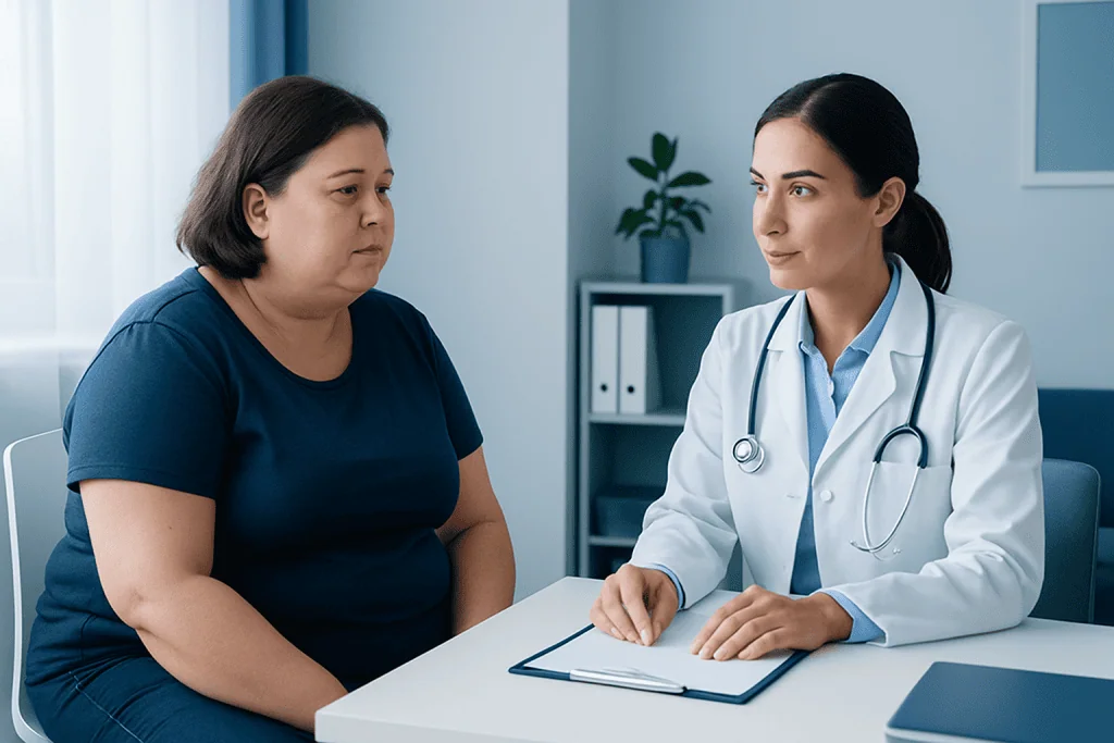 Doctor consulting with a patient about health concerns in a medical office.