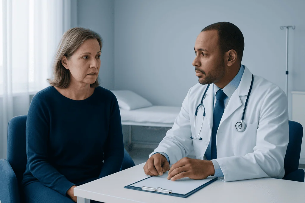 Doctor consulting with a female patient in a hospital room.