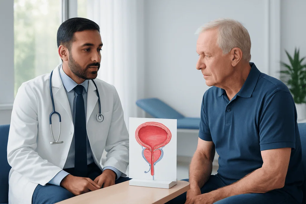 Urologist consulting with patient about prostate health and testing options.