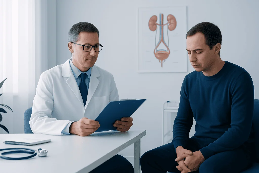 Urologist consulting with patient about urinary health and retention.