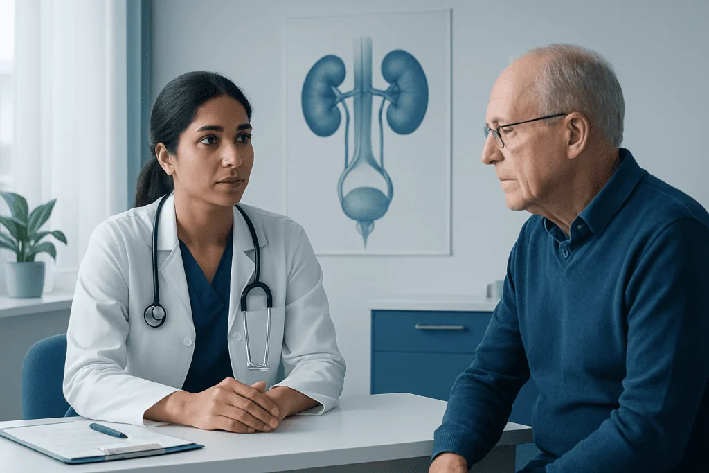 Doctor consulting with patient about kidney health in a medical office.