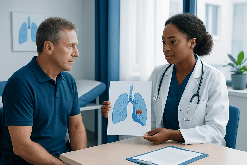 Doctor explains lung condition with patient using diagram of lungs.