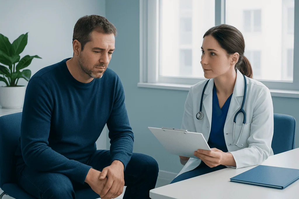 Doctor consulting with male patient in a medical office.