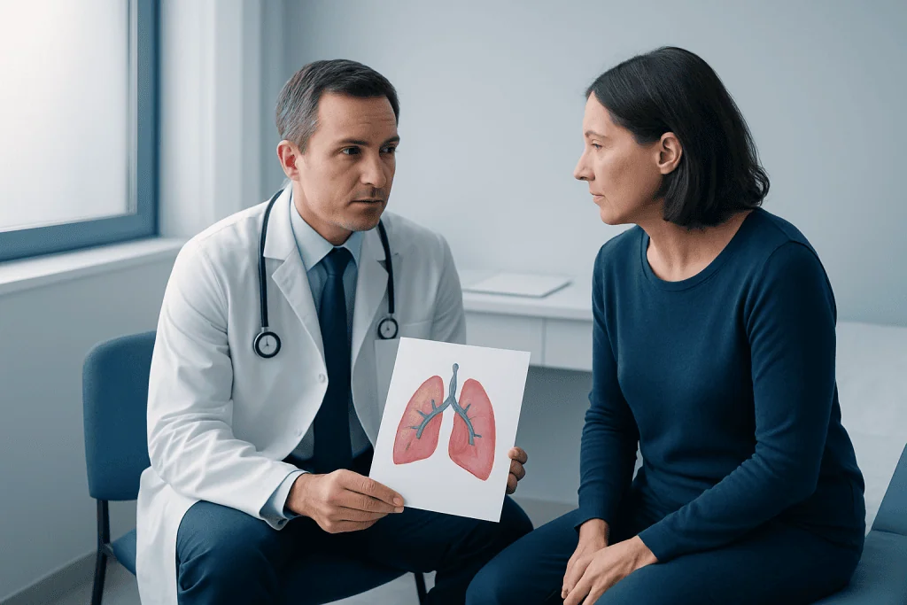 Doctor explaining lung condition with diagram to patient in consultation room.