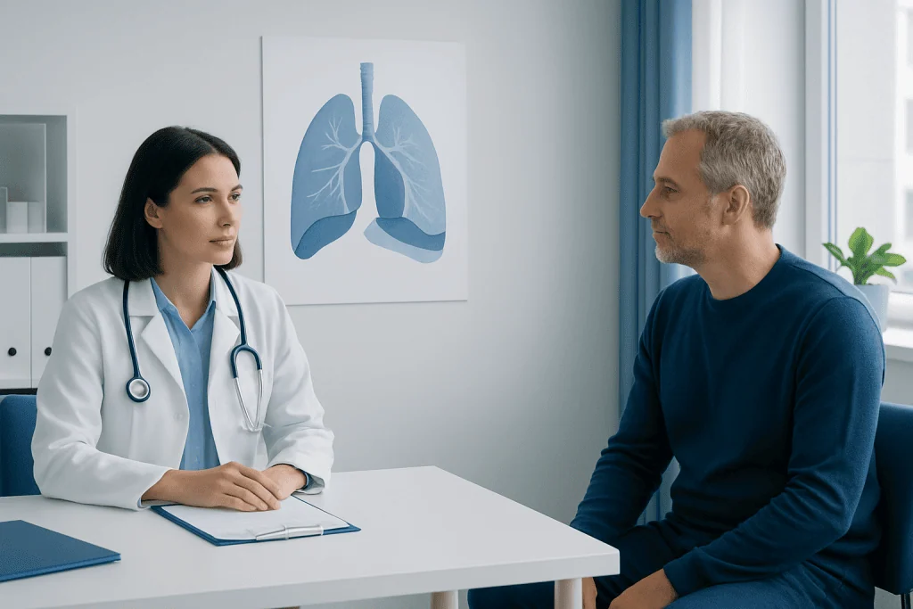 Doctor consulting patient about lung health in a medical office.