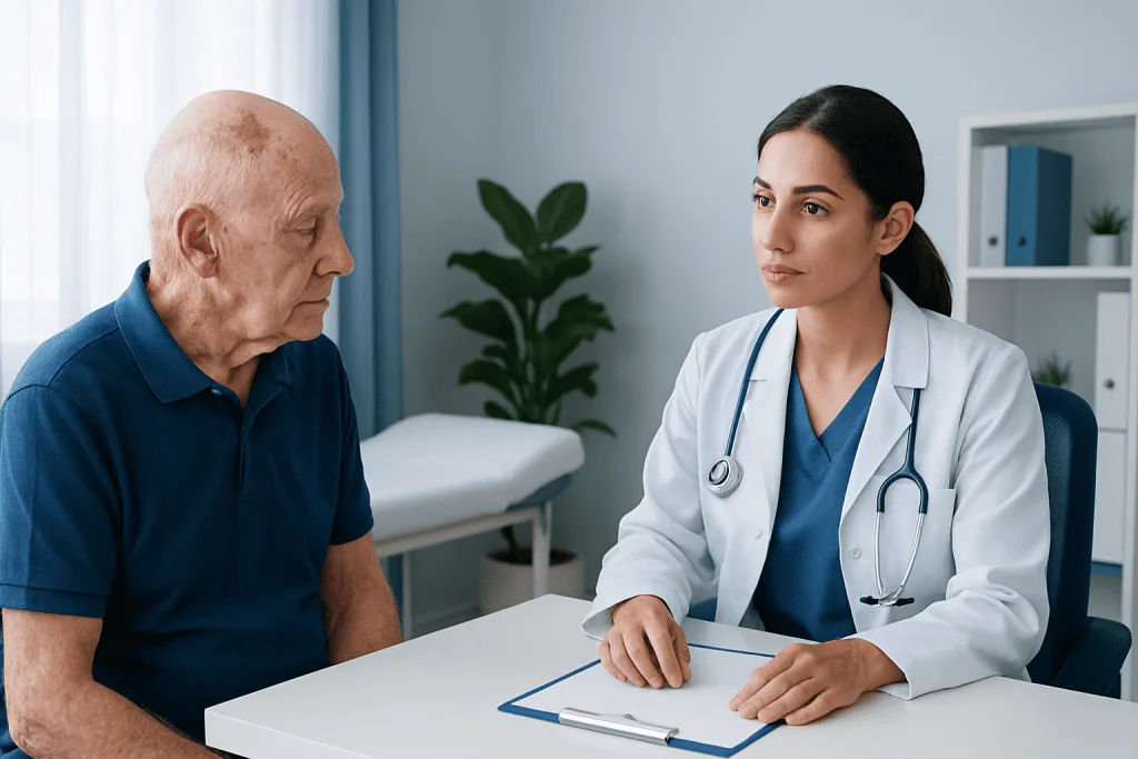 Doctor consulting with elderly patient in a medical office.