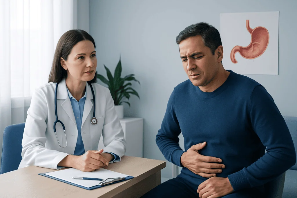 Doctor consulting with patient about stomach pain and ulcers.