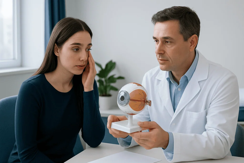 Ophthalmologist explains eye anatomy to patient with eye model.