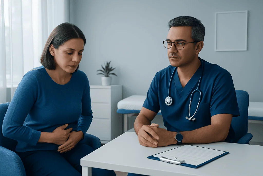 Doctor consulting a patient about health concerns in a clinic setting.
