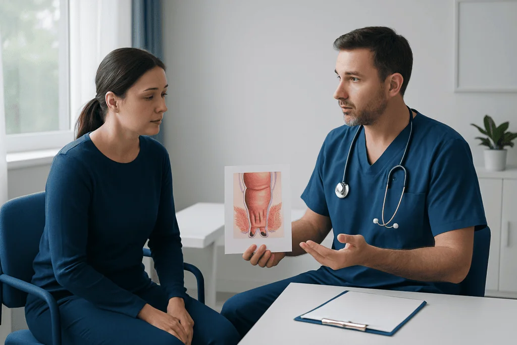 Doctor explaining hemorrhoid treatment options to patient with anal diagram.