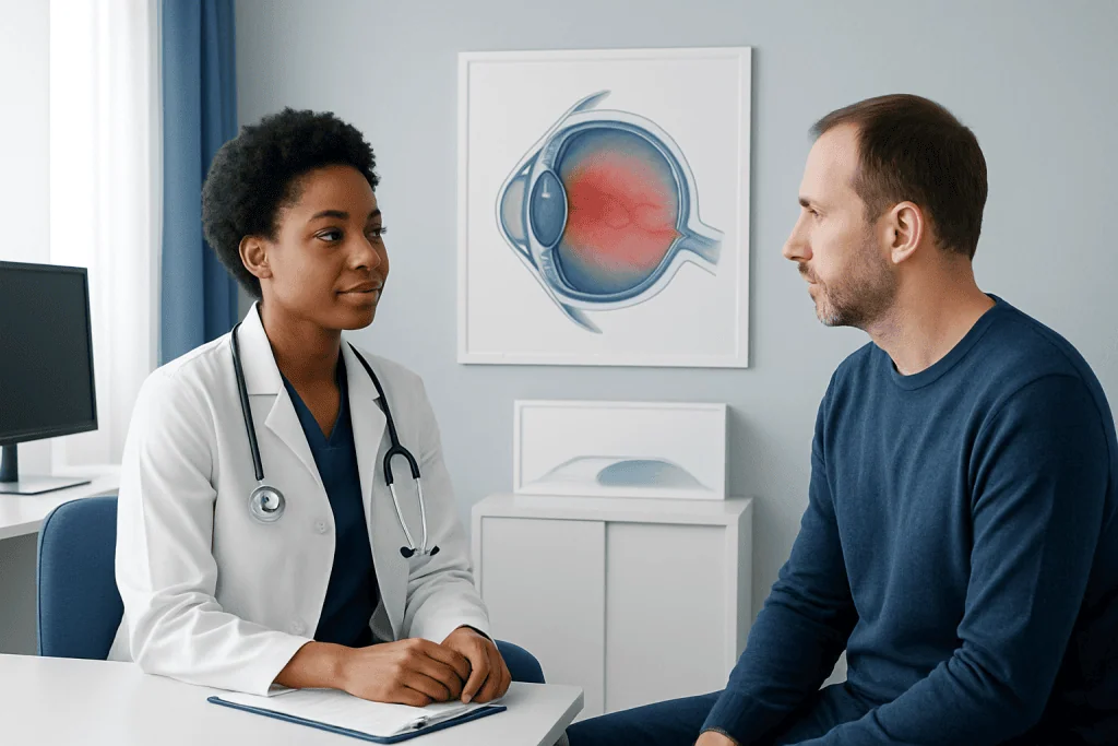 Ophthalmologist consulting with patient about eye inflammation and light sensitivity.