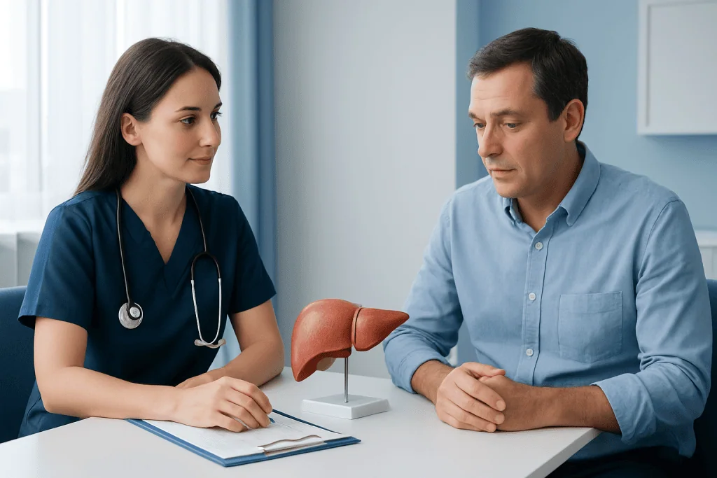 Doctor explaining liver health to patient in consultation room.