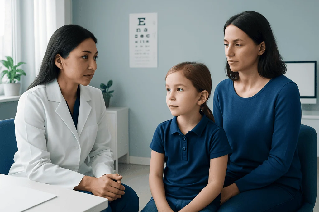 Pediatric eye consultation at Acibadem Hospital with doctor and mother.