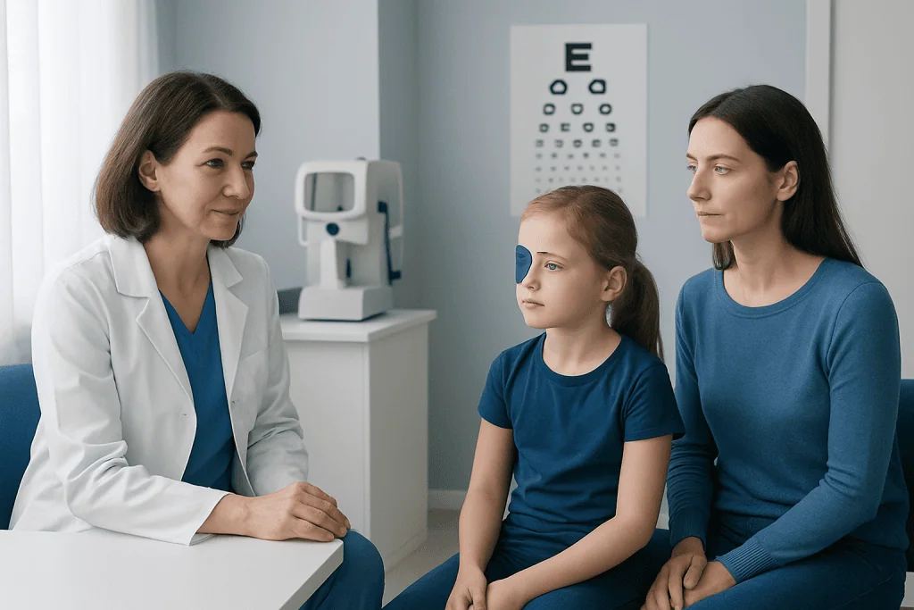 Pediatric eye exam for amblyopia at Acibadem Hospital with doctor, child, and mother.