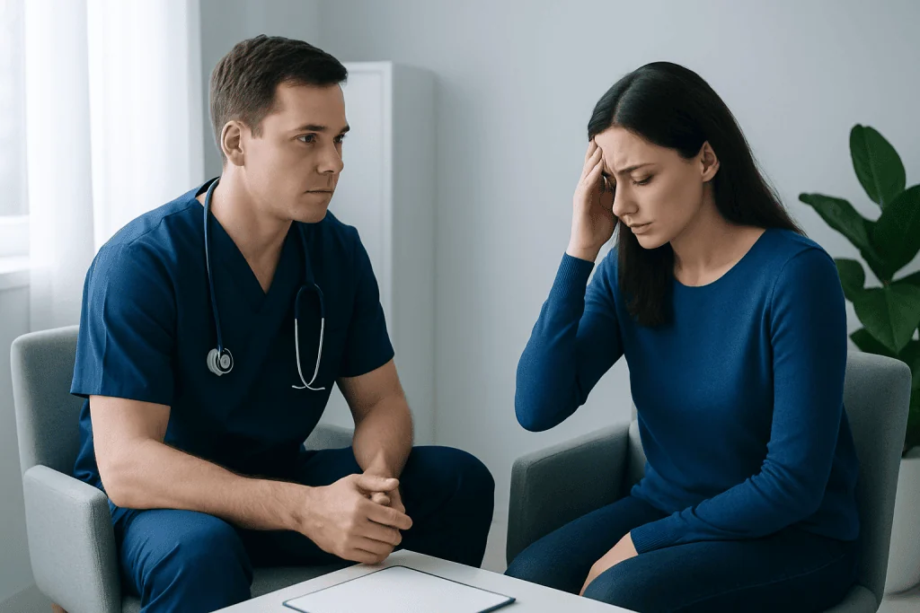 Doctor consulting with a woman experiencing stress or anxiety symptoms.