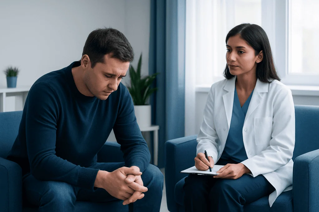 Therapist listening to patient during mental health counseling session.