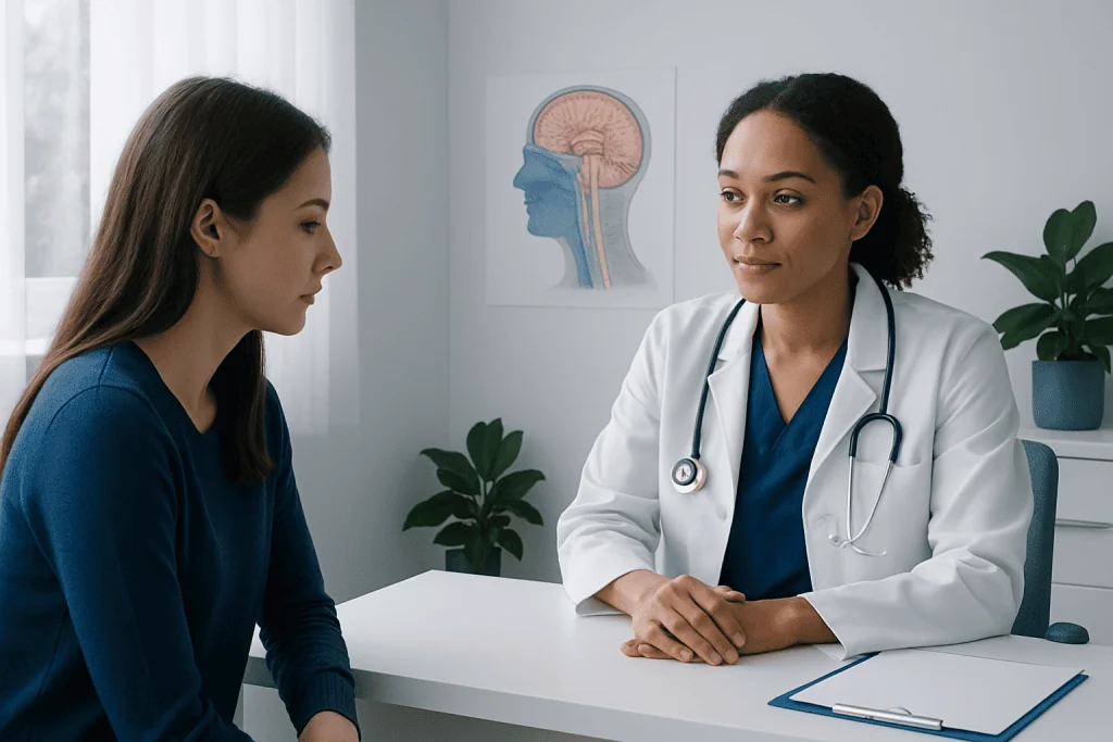 Doctor consulting with a patient about neurological health in a clinic.