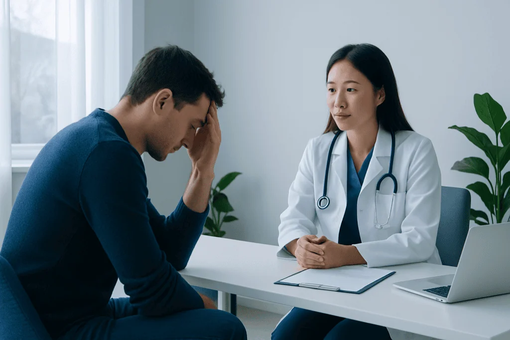 Patient distressed during consultation with doctor in a medical office.