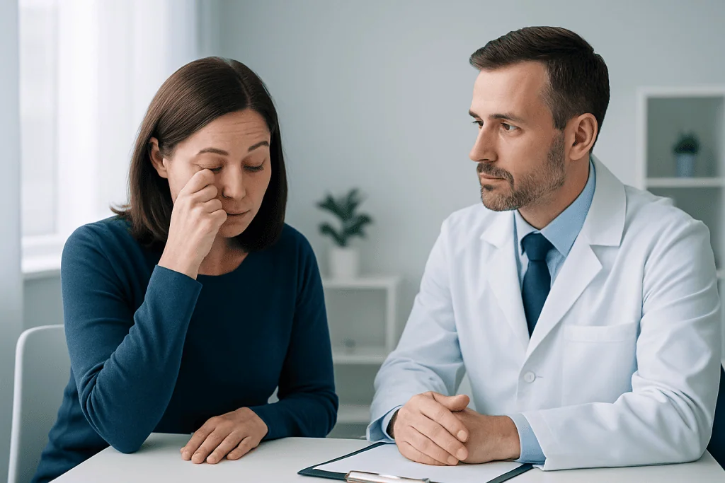 Adult woman experiencing eye discomfort during consultation at Acibadem Hospital.