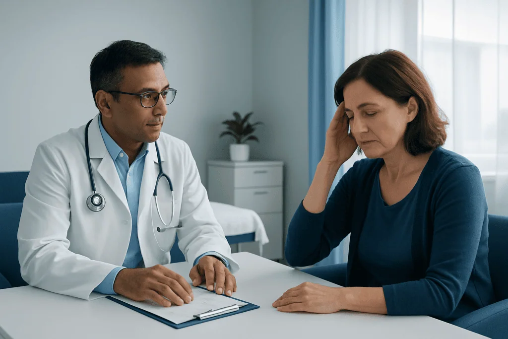 Doctor consulting with a woman patient about vertigo symptoms.