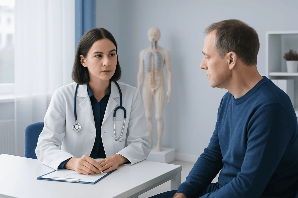 Doctor consulting patient in a medical office with a skeleton model in the background.