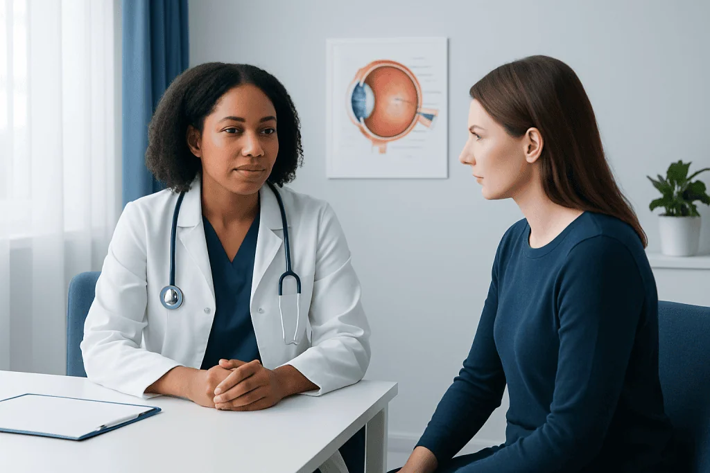 Doctor consulting with a patient about eye health in a clinic setting.