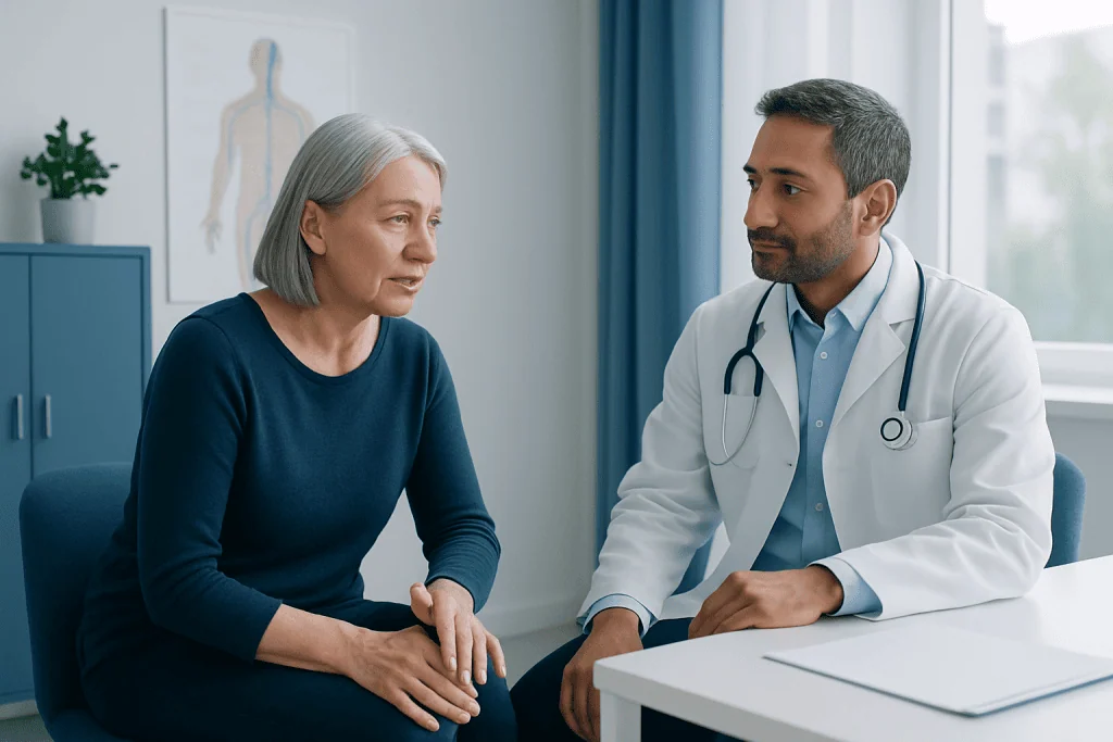 Doctor consulting with an older female patient in a medical office.
