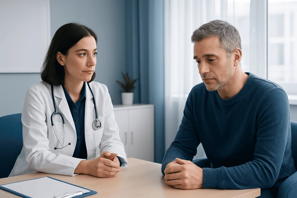 Doctor consulting with male patient about sleep disorder symptoms.