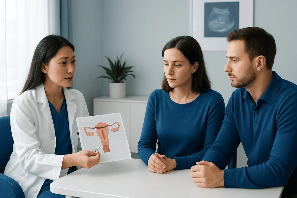 Doctor explaining uterine health to a couple during IVF consultation.