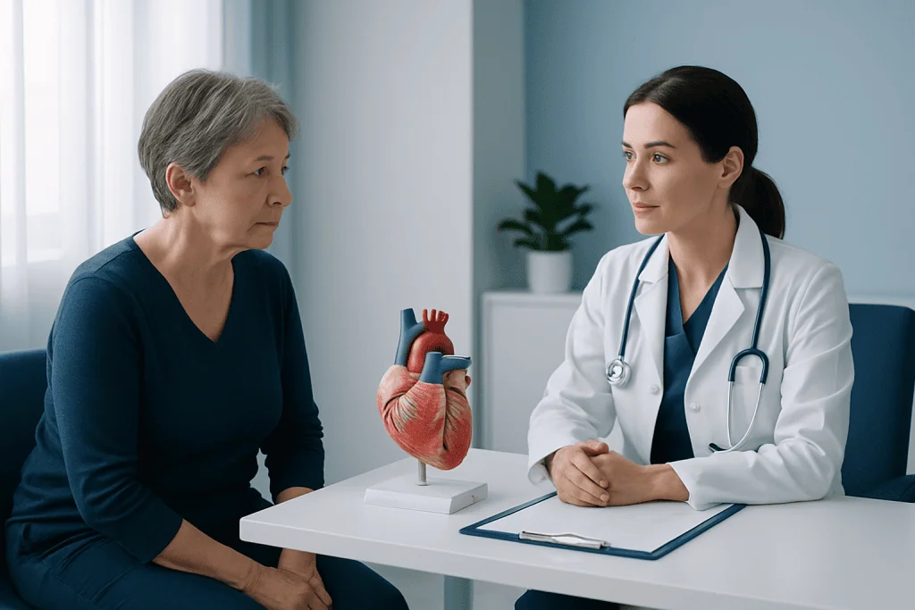 Cardiologist explaining heart health to an elderly woman in a clinic.