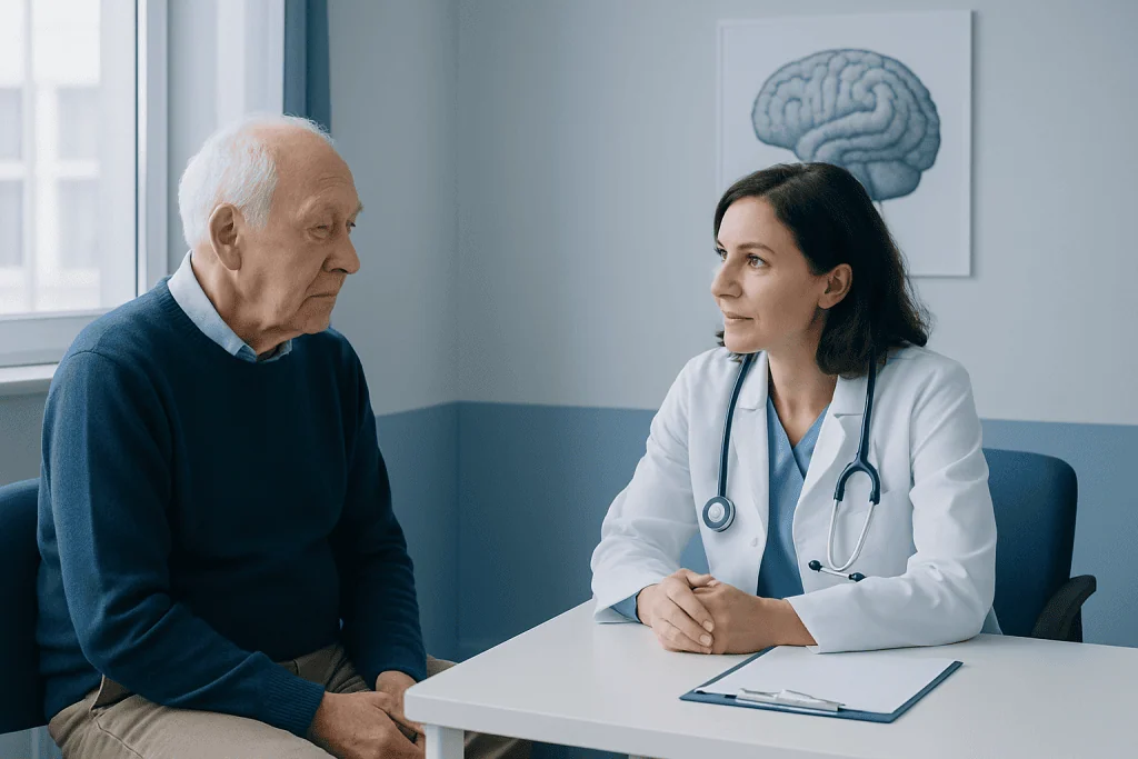 Doctor consulting an elderly patient about neurological health in a clinic.