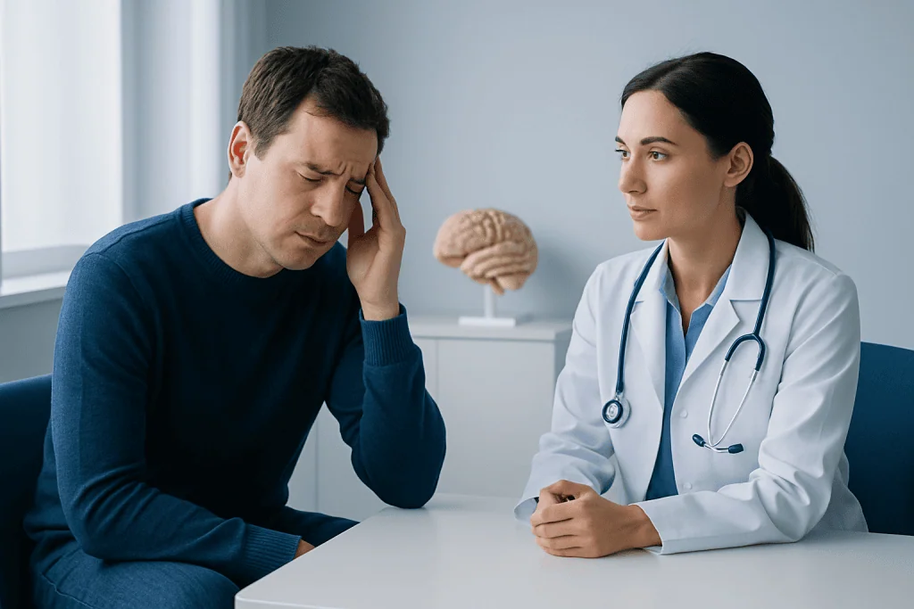 Doctor consulting with a patient about neurological symptoms in a clinic setting.
