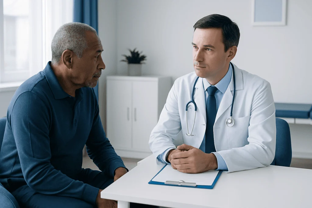 Doctor consulting with an elderly patient in a medical office.