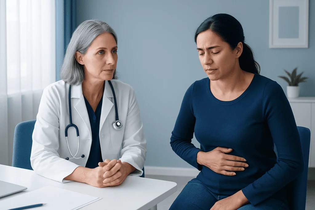 Doctor consulting a patient with stomach pain in a medical office.