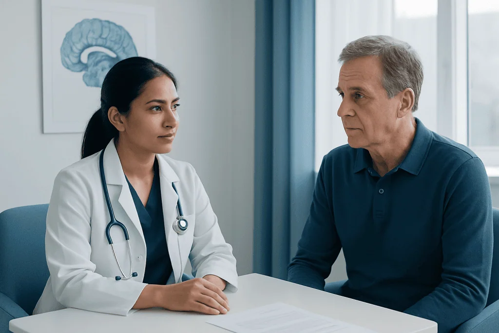 Doctor consulting with a male patient in a medical office.