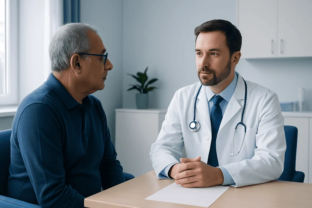 Doctor consulting with an elderly patient in a medical office.