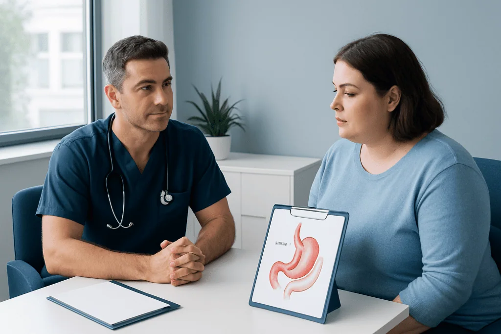 Doctor explaining hiatal hernia to patient during consultation at Acibadem Hospital.