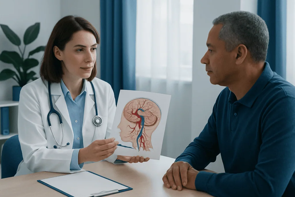 Doctor explaining brain blood vessels to patient with diagram.