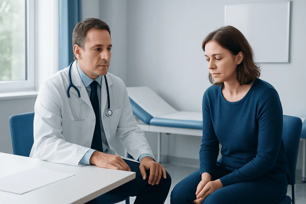 Doctor consulting with a female patient in a medical office.